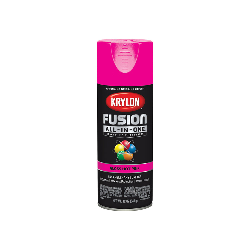 Krylon K02708007 Fusion All-In-One Paint + Primer Spray Paint, Hot Pink, 12 Oz