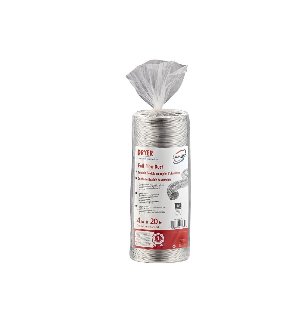 Lambro 498-20 Foil Flex Duct, 20 ft L, Aluminum/Polyester