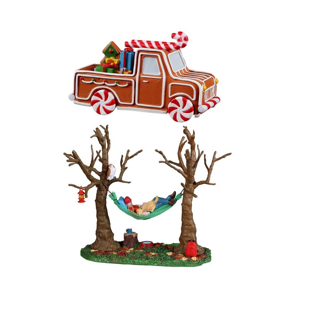 Lemax A3202 Camping Hammock Buddy and Gingerbread Truck Christmas Village, Resin