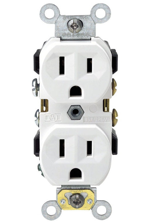 Leviton CBR15-00W Duplex Receptacle, Thermoplastic, White, 15 Amp