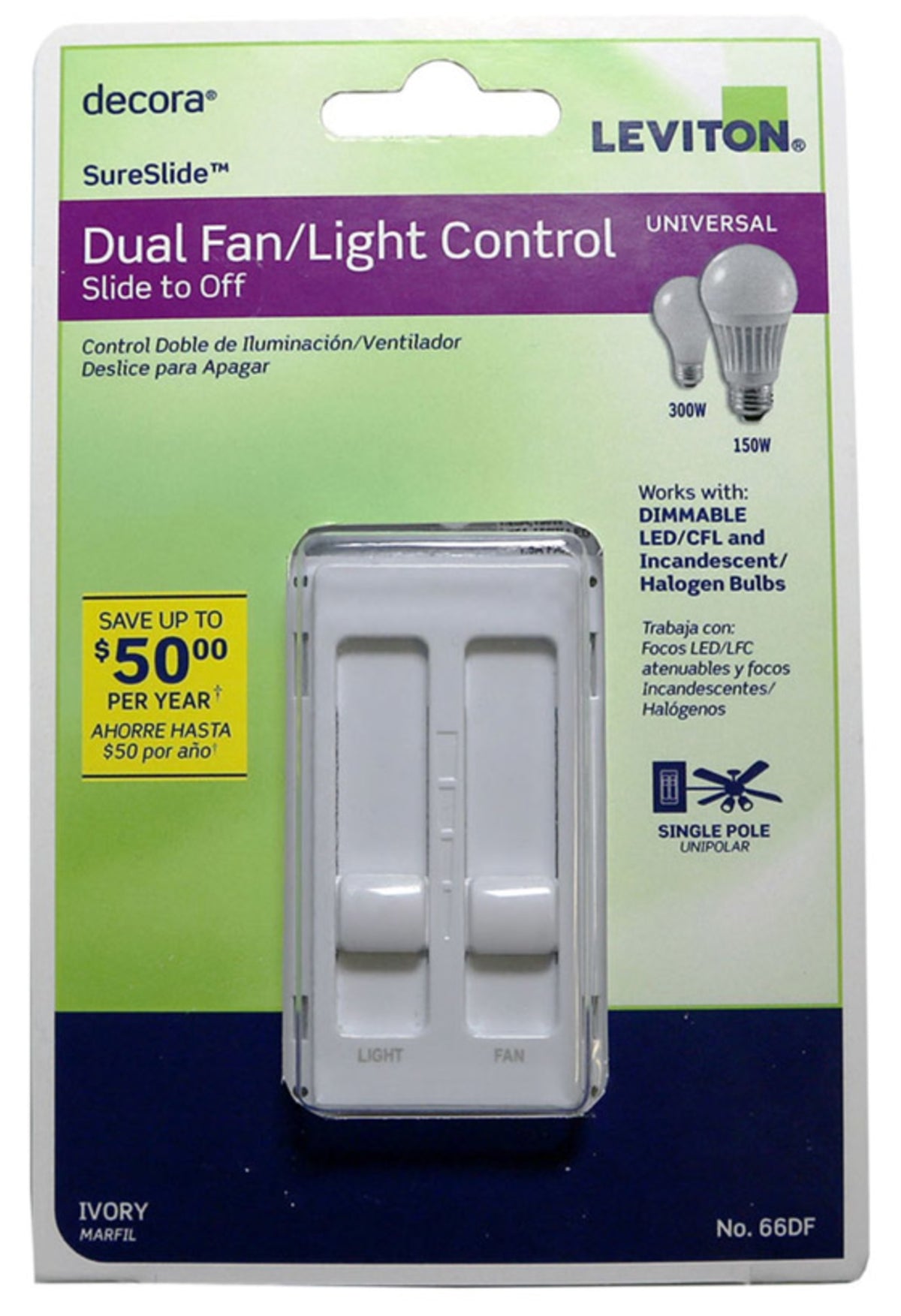 Leviton 66DF-I Decora SureSlide Fan/Light Dimmer Switch, 120 Volts