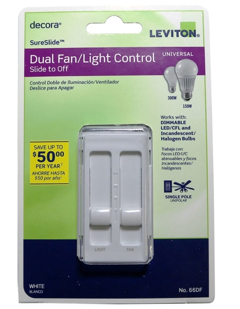 Leviton 66DF-W Decora SureSlide Fan/LED Dimmer Slide Switch, 120 Volt