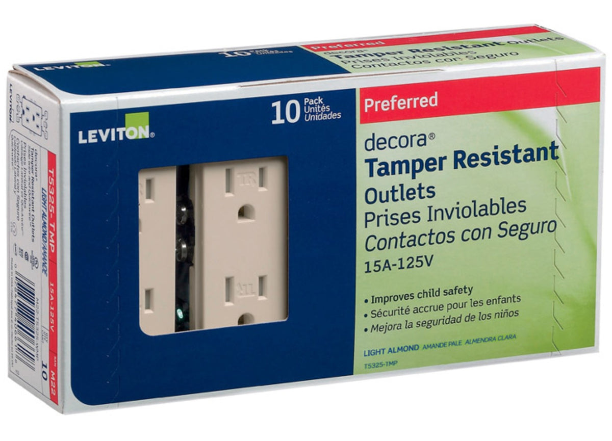 Leviton T5325-TMP Decora Tamper Resistant Outlet, 125 Volt