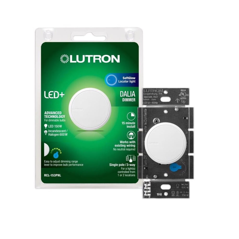 Lutron RCL-153PNLH-WH Dalia Single Pole 3-Way Dimmer Switch, 120 Volt