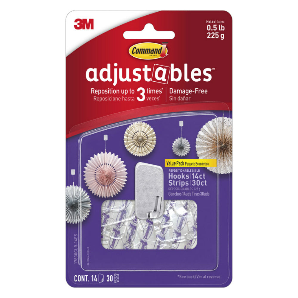 Command 17830CLR-14ES Adjustables Hook, Clear, Pack of 14