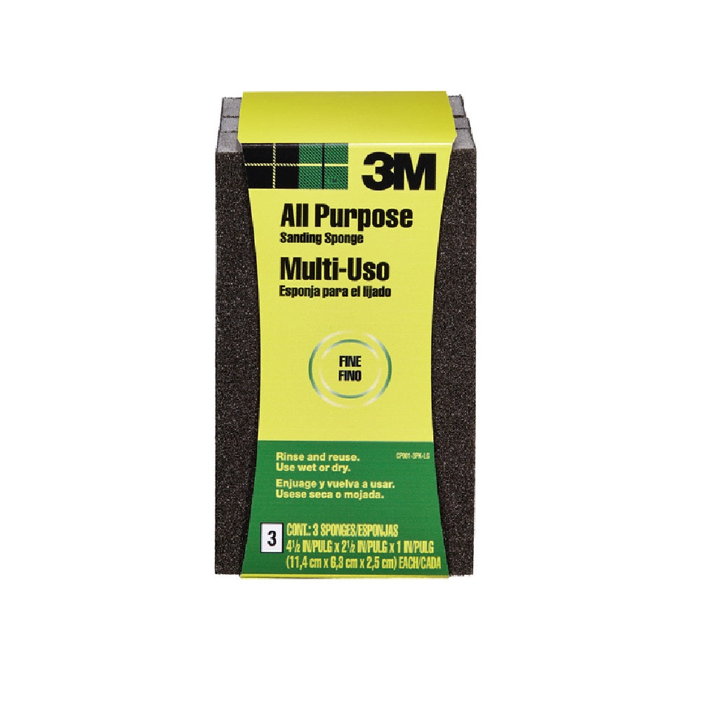 3M CP001-3PK-LG Fine Block Sanding Sponge, Aluminum Oxide, Black