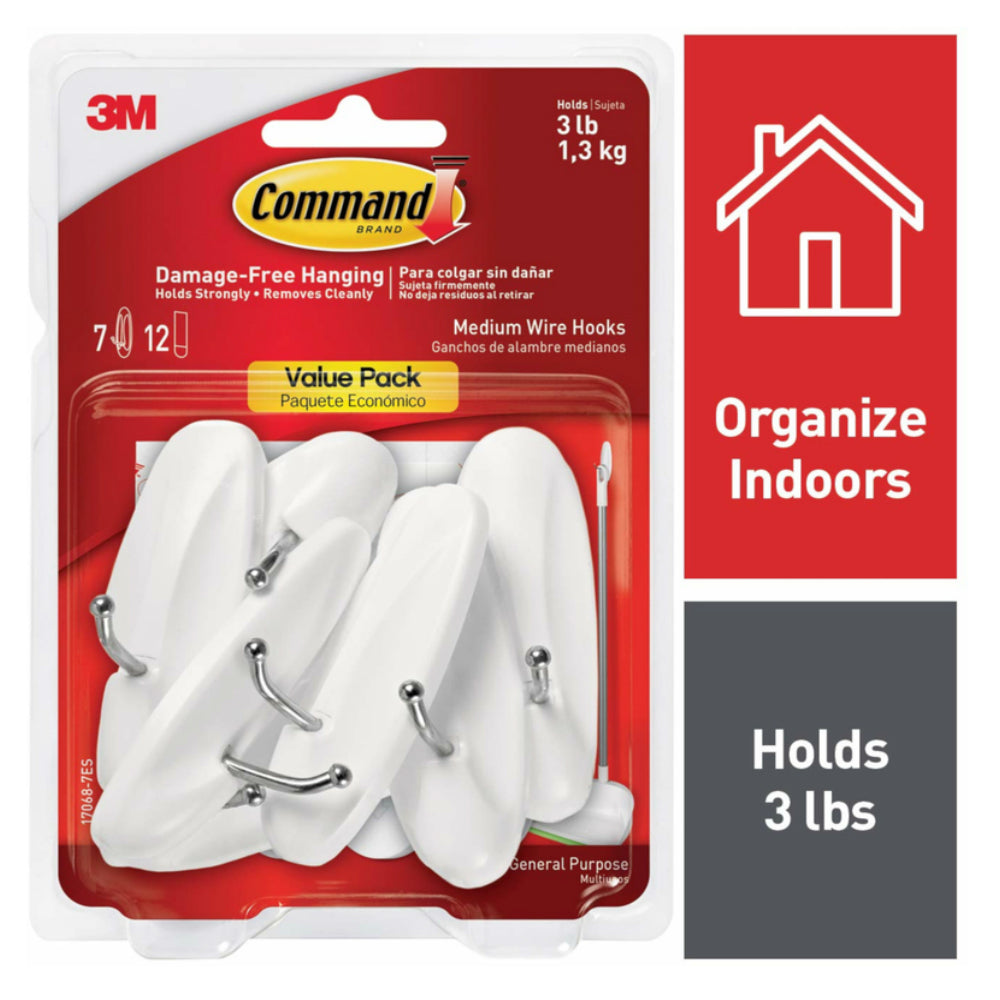 3M 17068-7ES Command Medium Wire Hooks, Plastic