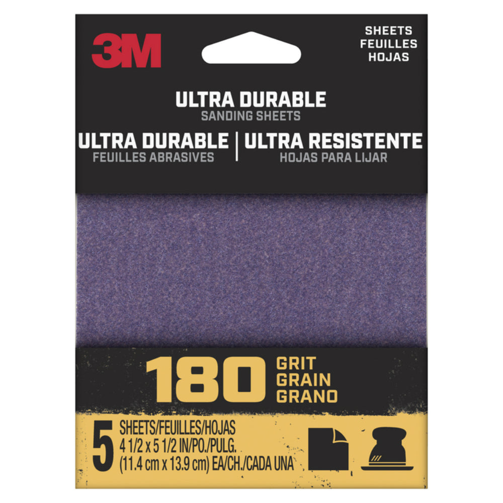 3M 1/4Sht5pk180 Ultra Durable Sanding Sheet, 180 Grit, 5.5 Inch L x 4.5 Inch