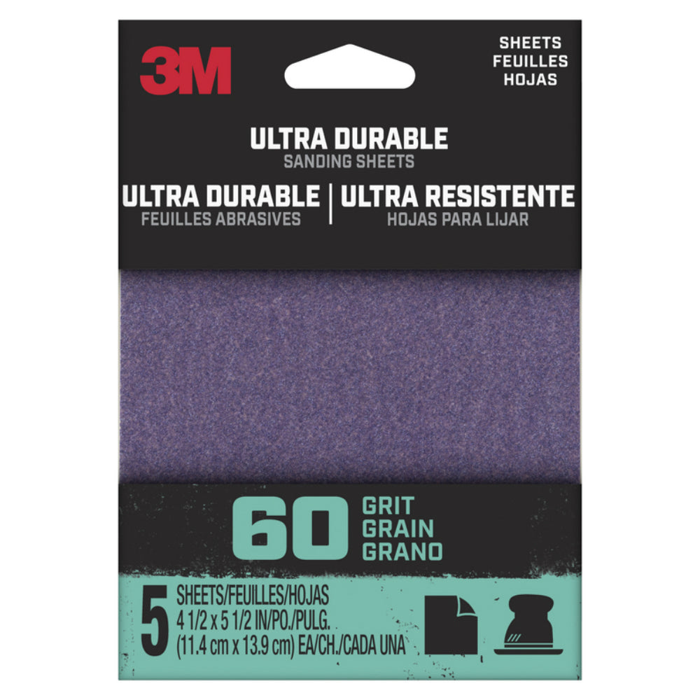 3M 1/4Sht5pk60 Ultra Durable Sanding Sheet, 60 Grit