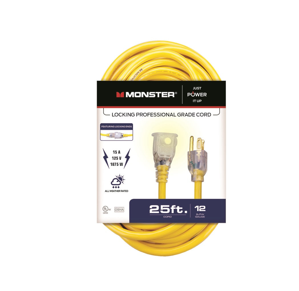 Monster 1503 Extension Cord, Yellow, 25 ft, 12/3 SJTW