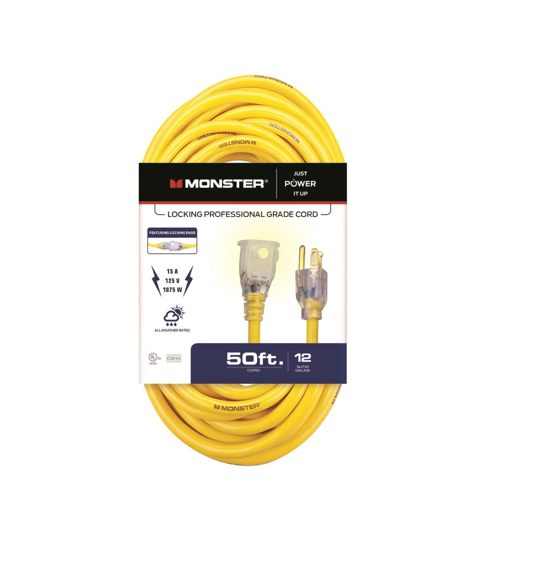 Monster 1504 Extension Cord, Yellow, 50 ft, 12/3 SJTW