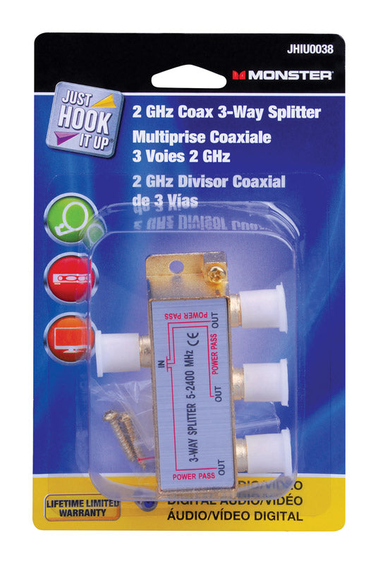 Monster JHIU0038 Just Hook It Up 3 Way Coax Splitter, Nickel