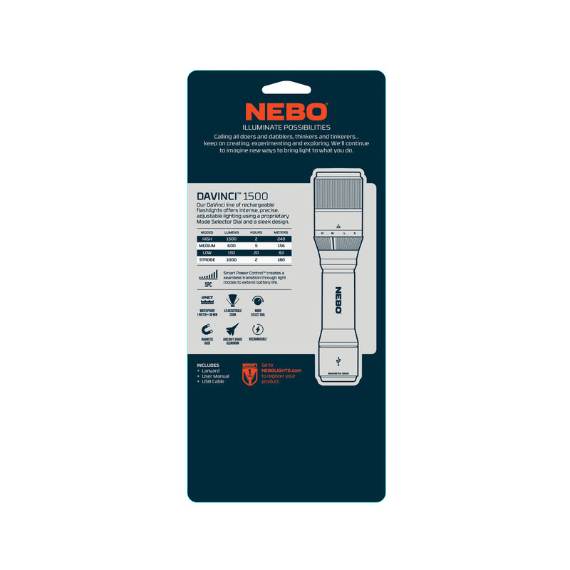 Nebo NEB-FLT-0019 Davinci LED Rechargeable Flashlight, Black, 1500 Lumens