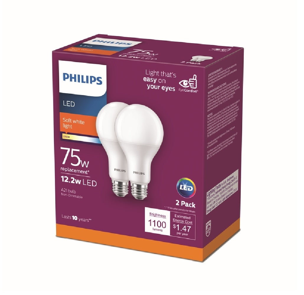 Philips 554543 A21 E26 A-Line LED Bulb, Soft White, 12.2 Watts