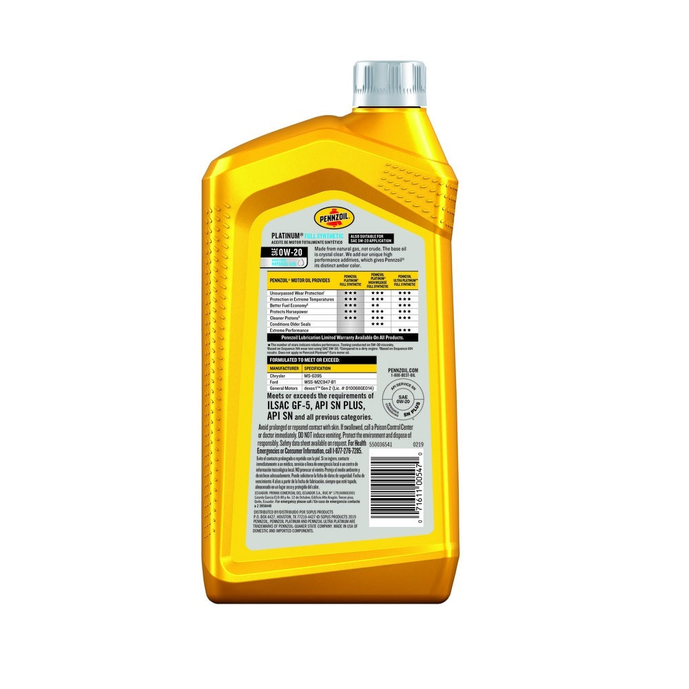 Pennzoil 550036541 Platinum Full Synthetic Motor Oil with Pure Plus Technology