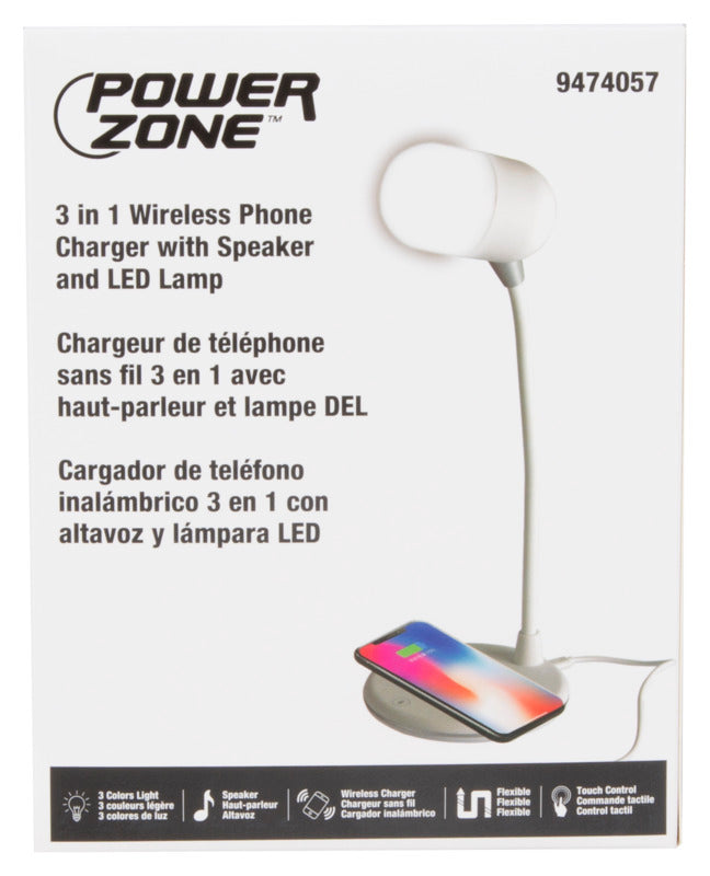 PowerZone SH08-W 3 in 1 Speaker with Wireless Phone Charger and LED Lamp