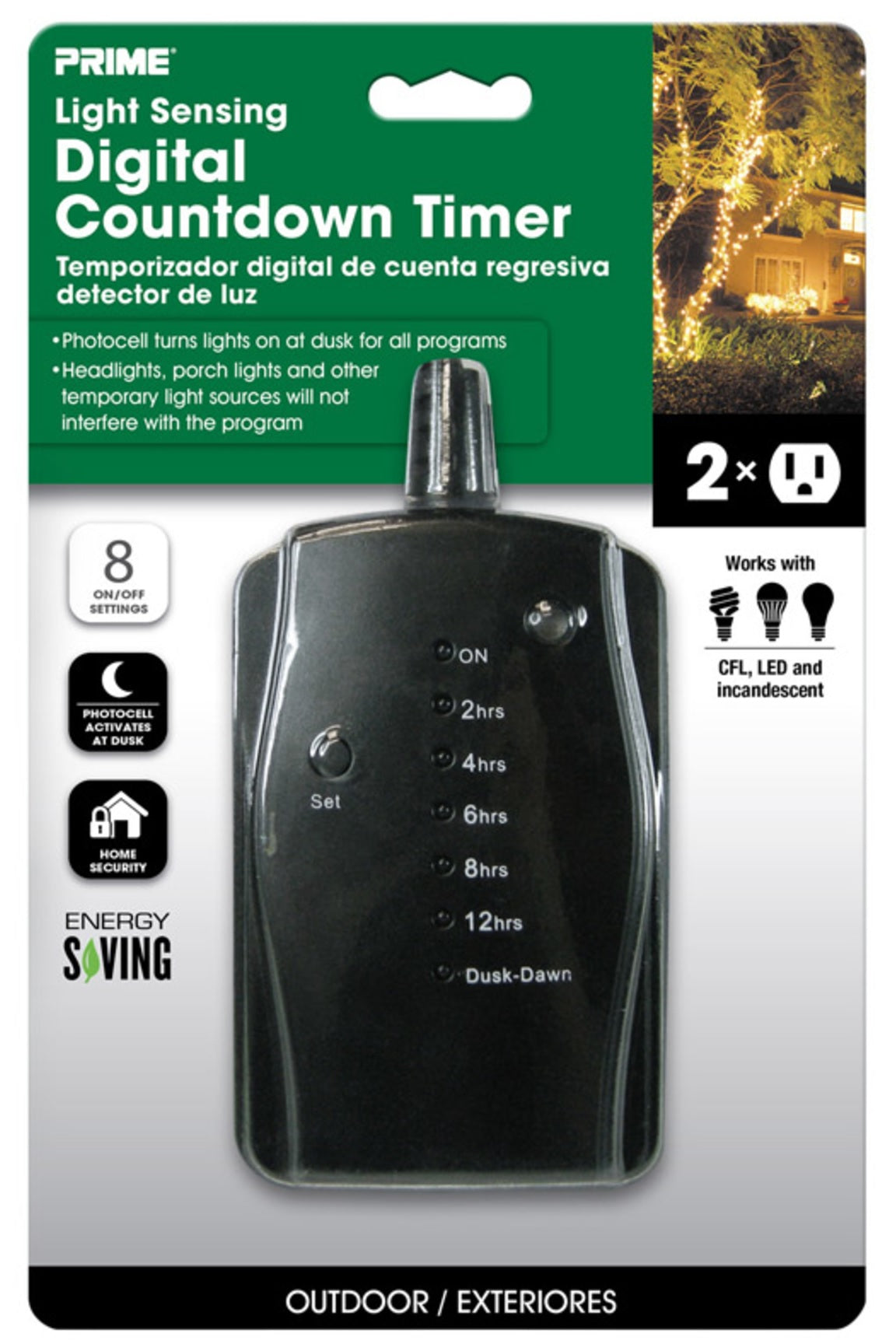 PRIME LED Countdown Pigtail Timer – 2-Outlet Outdoor Timer With Photocell, Dusk-to-Dawn & Multiple Settings