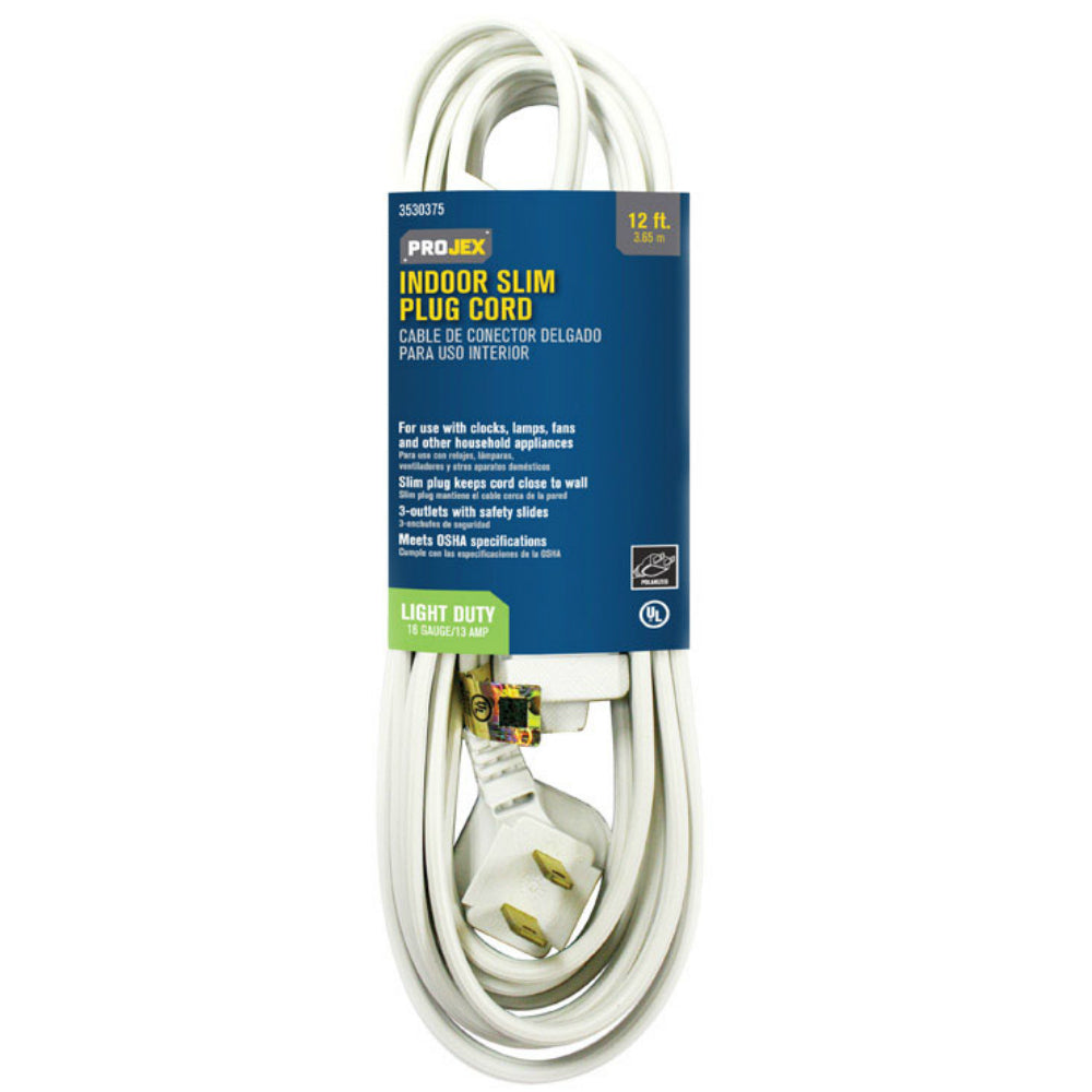 Projex FW-311-12FT/09P Indoor Slim Plug Extension Cord, White