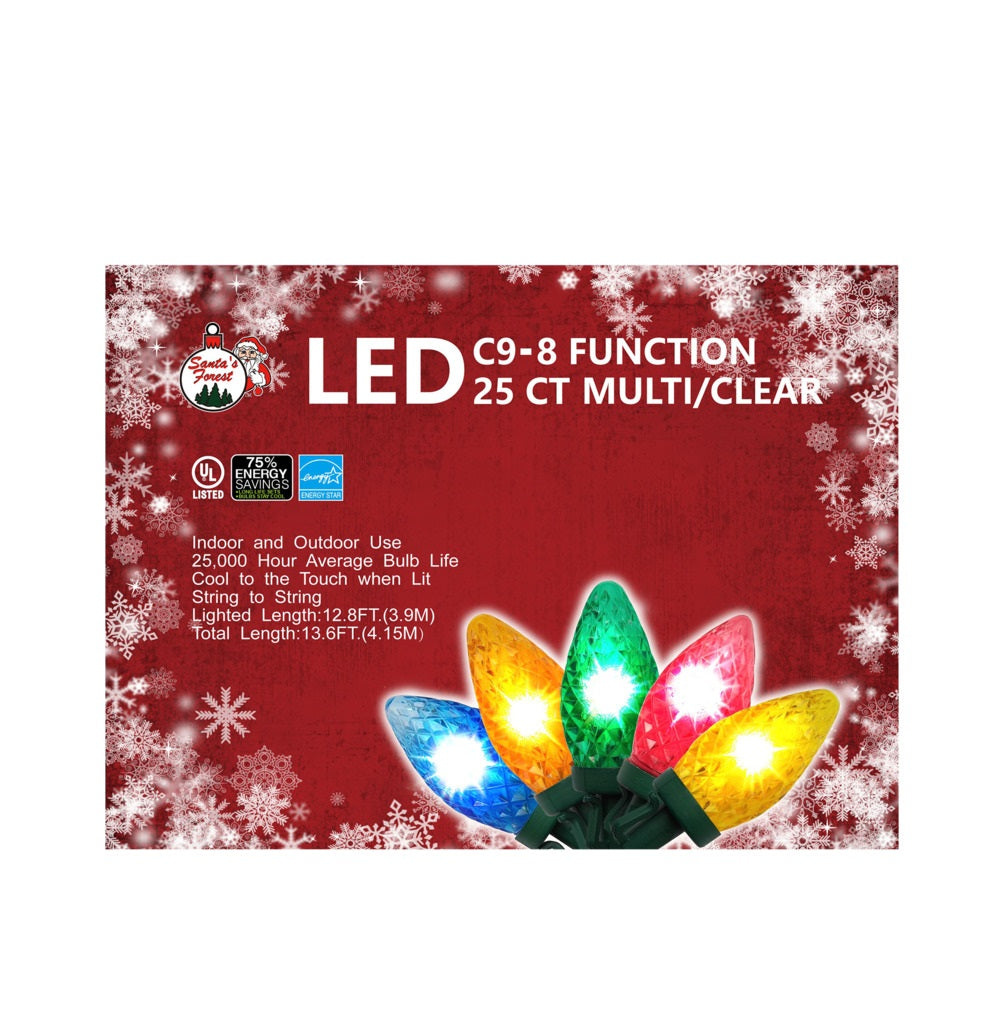 Santas Forest 22557 C9 8 Function LED Christmas Light, Multi/Clear, 25 Count