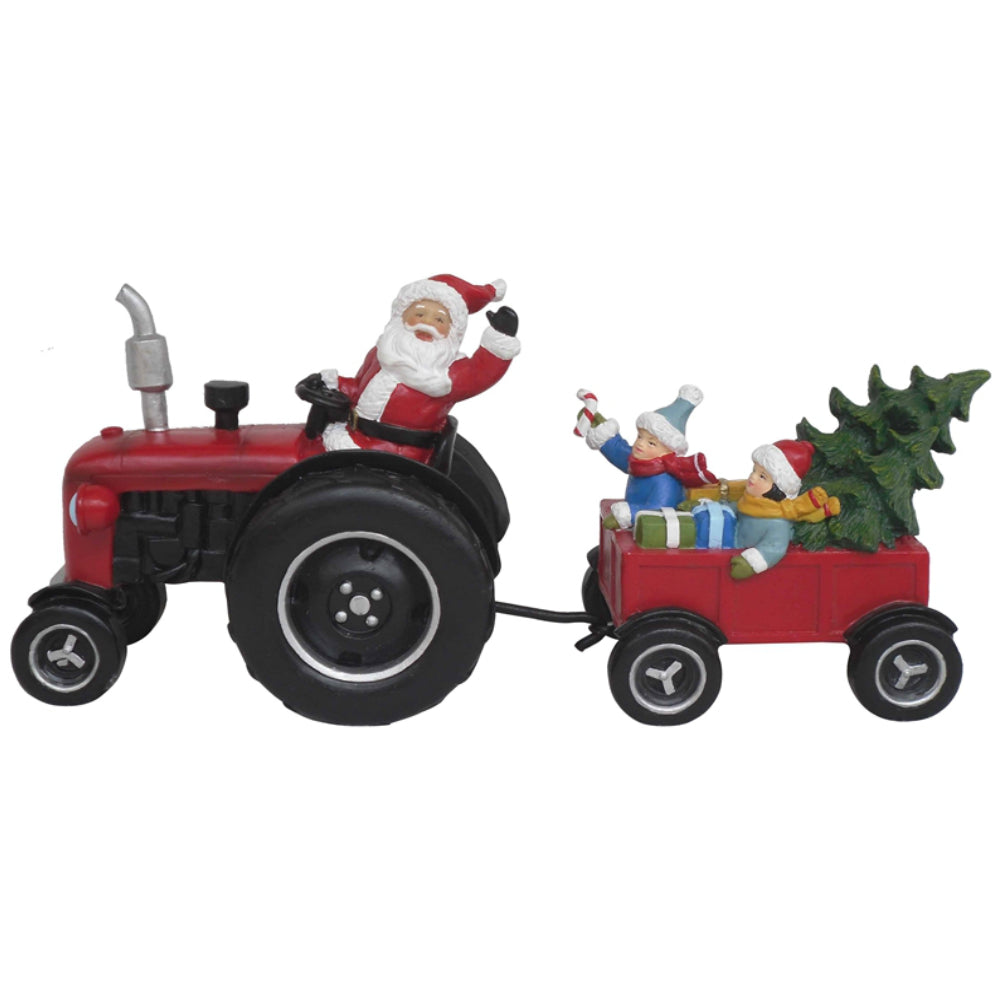 Santas Forest 89403 Tractor with Santa & Trailer Christmas Figurine, Red