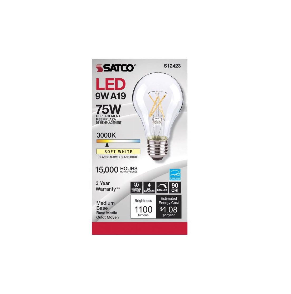Satco S12423 A19 E26 Filament LED Bulb, Soft White
