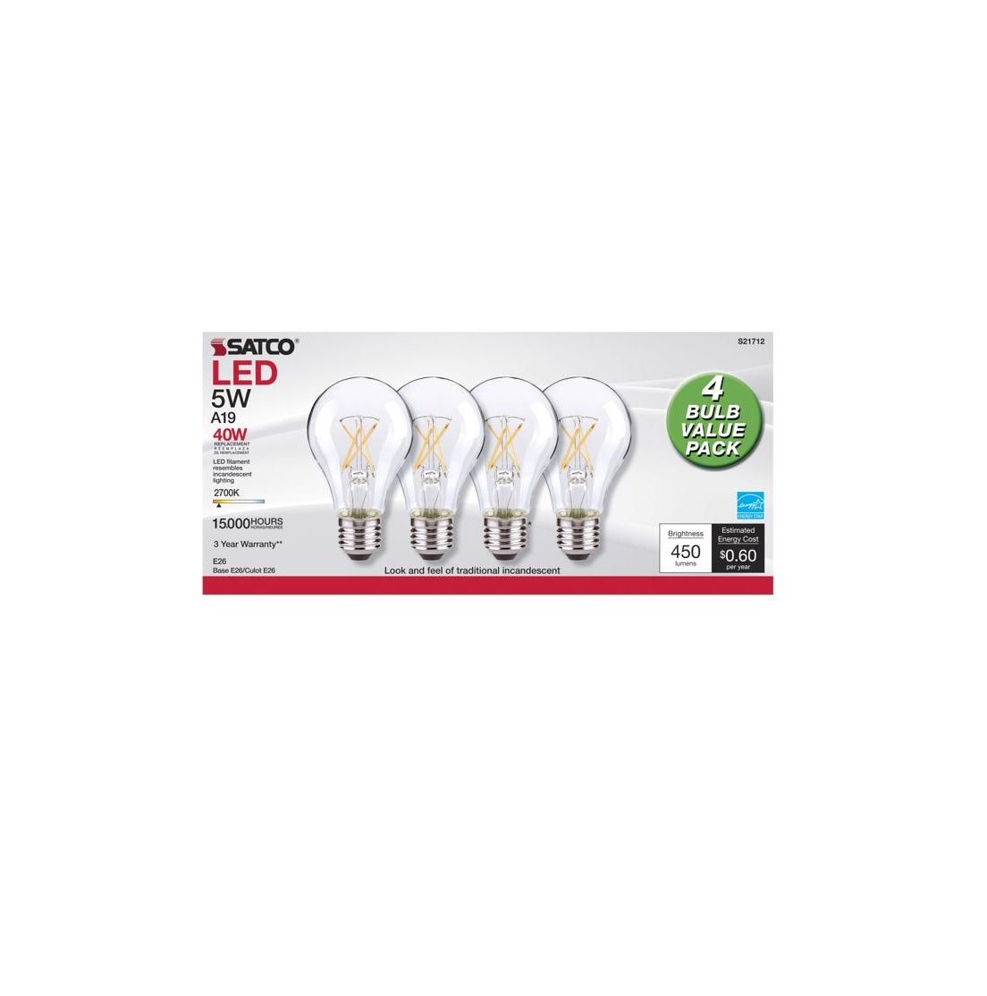 Satco S21712 A19 E26 Filament LED Bulb, Warm White