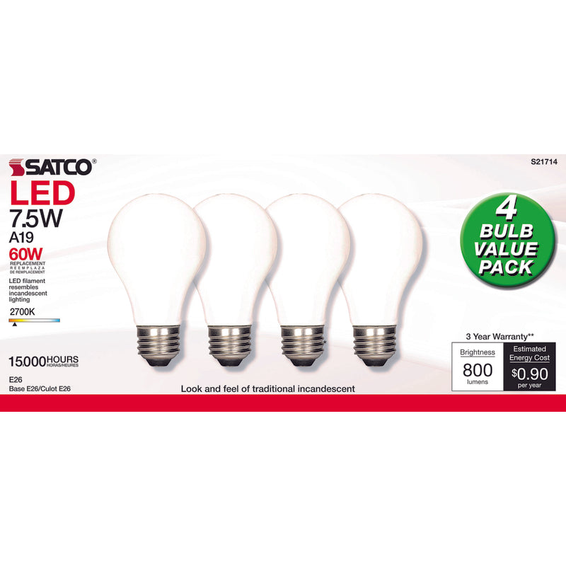 Satco S21714 A19 LED Light Bulb, Warm White, 7.5 watts