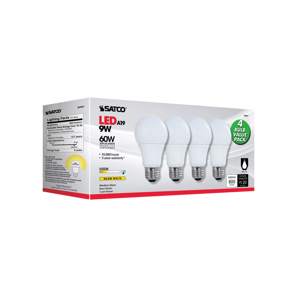 Satco S29597 A19 Non-Dimmable LED Light Bulb, 5000 K
