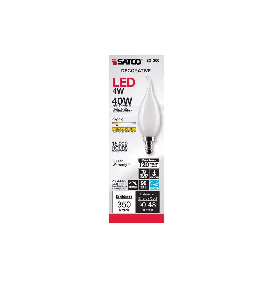 Satco S21300 CA10 E12 Filament LED Bulb, Warm White