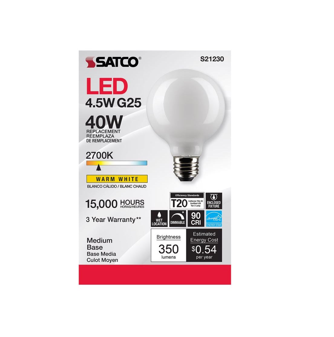 Satco S21230 G25 E26 Filament LED Bulb, Warm White