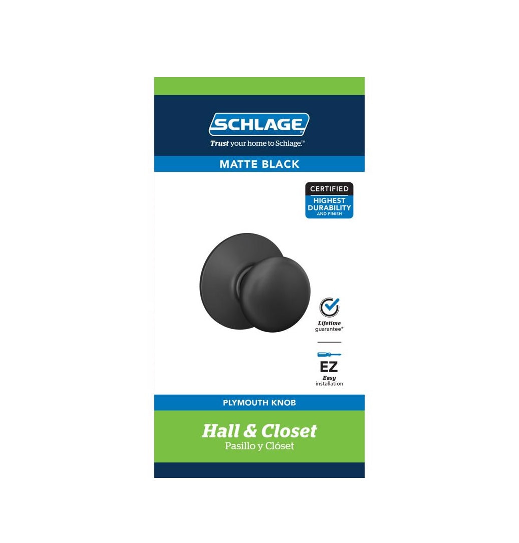 Schlage F10 G PLY 622 F-Series Plymouth Passage Knob, Matte Black