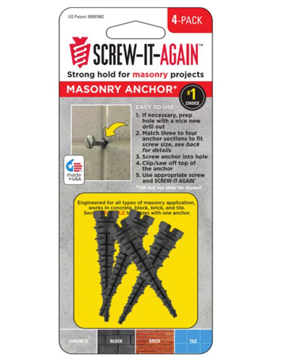 Screw-It-Again SIA-4PK-M Hex Head Masonry Anchor, 2", Plastic