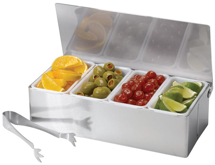 Tablecraft H1604 Compartment Bar Caddy With Tongs, Silver