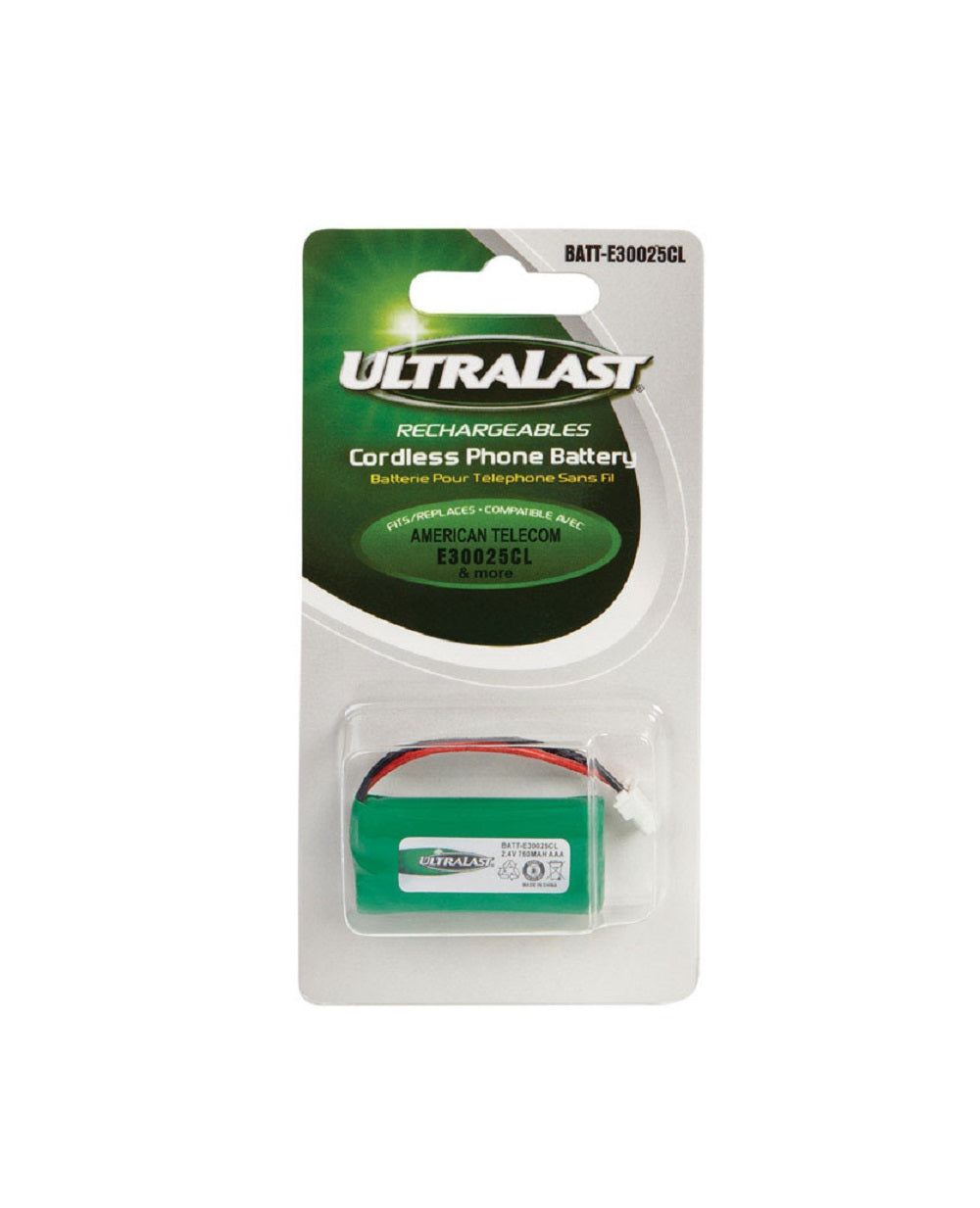 Ultralast BATT-E30025CL NiMH Cordless Phone Battery, 2.4 V, 750 Ah