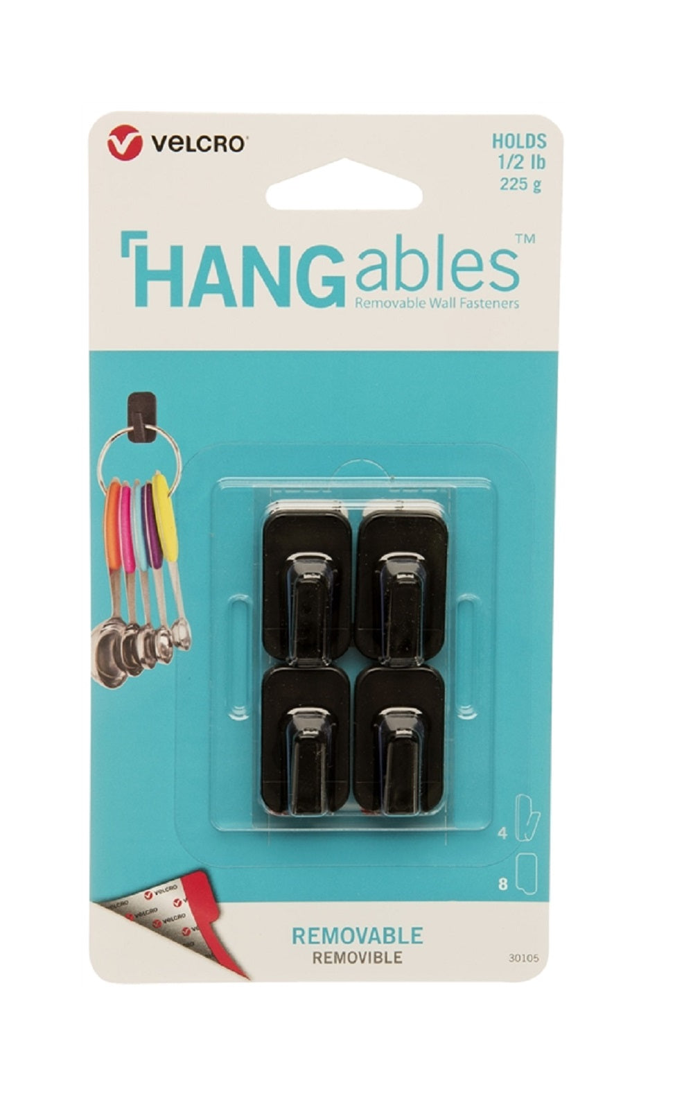 Velcro VEL-30105-USA Hangables Removable Wall Fastener, Black, 4/Pk