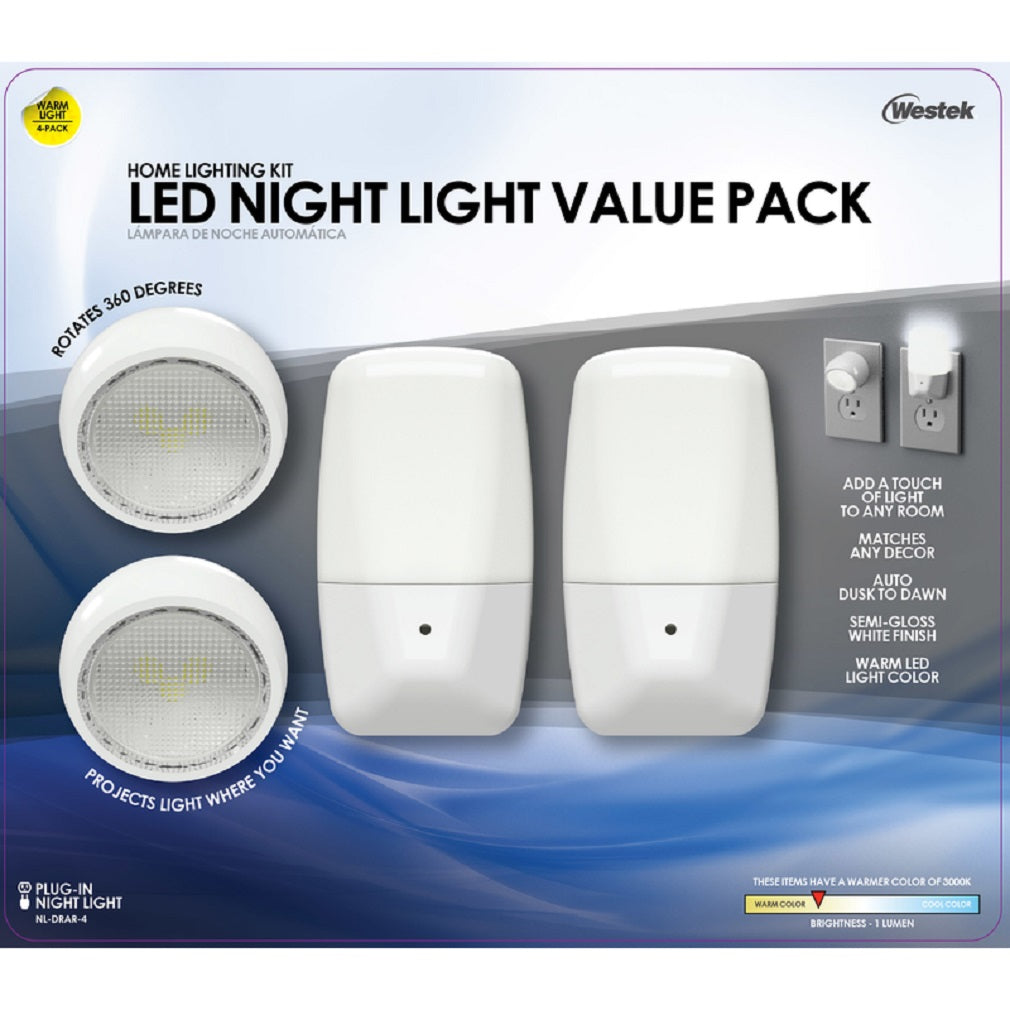 Westek NL-DRAR-4 Plug-in LED Night Light, White, 4 Pack