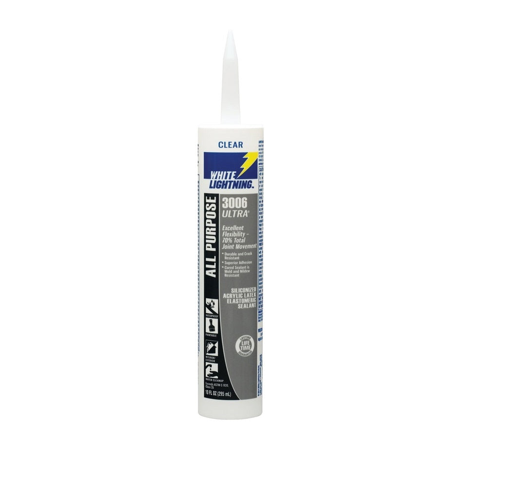 White Lightning W11001010 3006-Ultra Siliconized Acrylic Latex Sealant, Clear