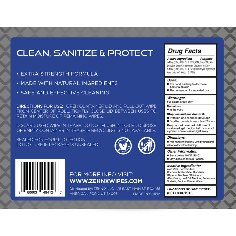 Zehn-X CWC20-12 Sanitizing Wipes, Fiber Blend, 180 Count