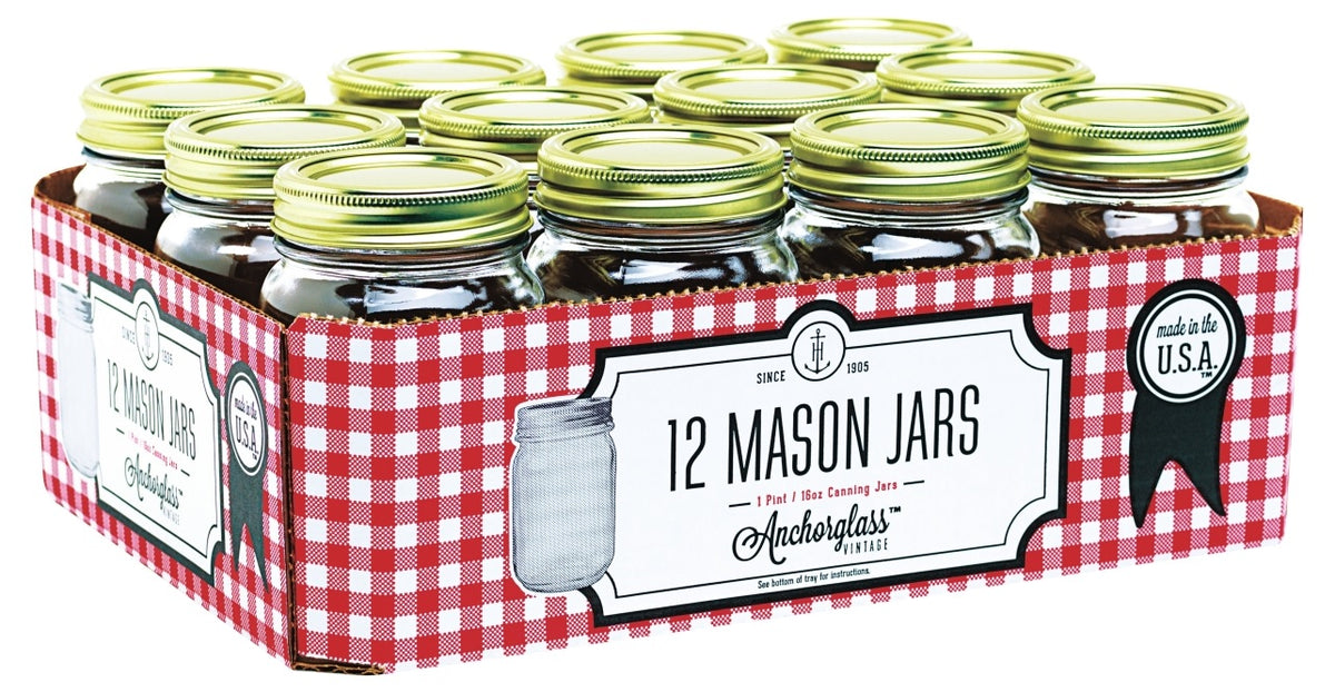 Anchor Hocking 10985 1 Pint Regular Mouth Canning Jar, 12 Pack