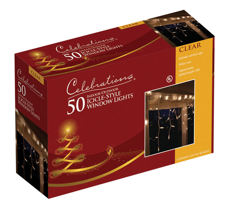 Celebrations 14098-73A Incandescent Icicle Christmas Lights, Clear/Warm White, 50 Count