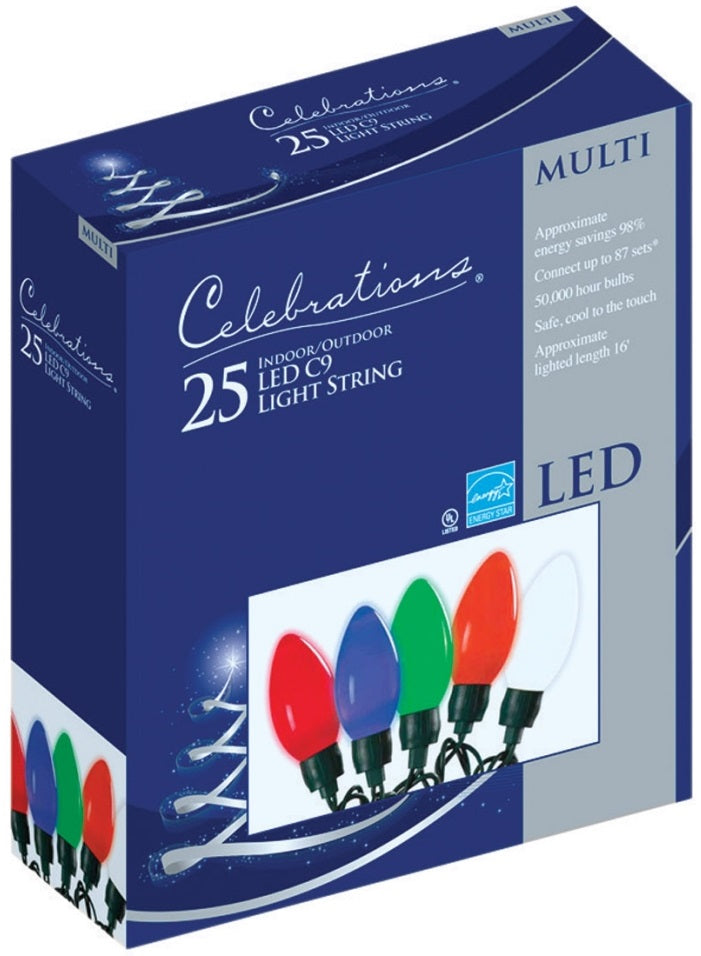 Celebrations 2936-71 C9 LED Traditional Light Set, Ceramic, 25 Multi-Color Lights