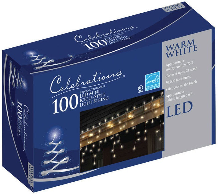 Celebrations 40810-71 LED Icicle Light Set, 5.67', 100 Warm White Lights