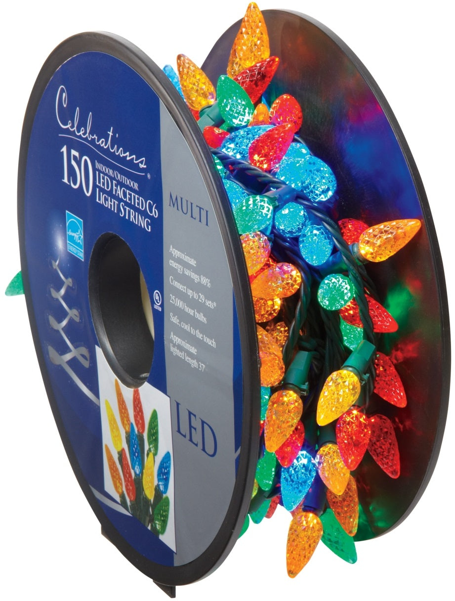 Celebrations 47866-71 LED C6 Faceted Light Bulbs On A Reel, 37', Multi-Color