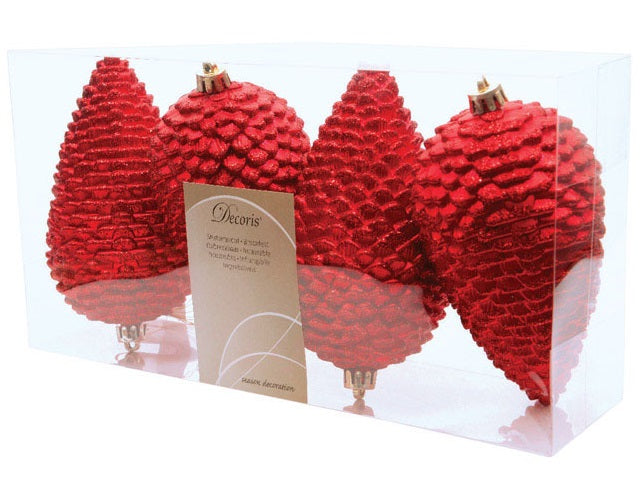 Decoris 956026 Pinecone Christmas Ornament, Red, 4/Pack