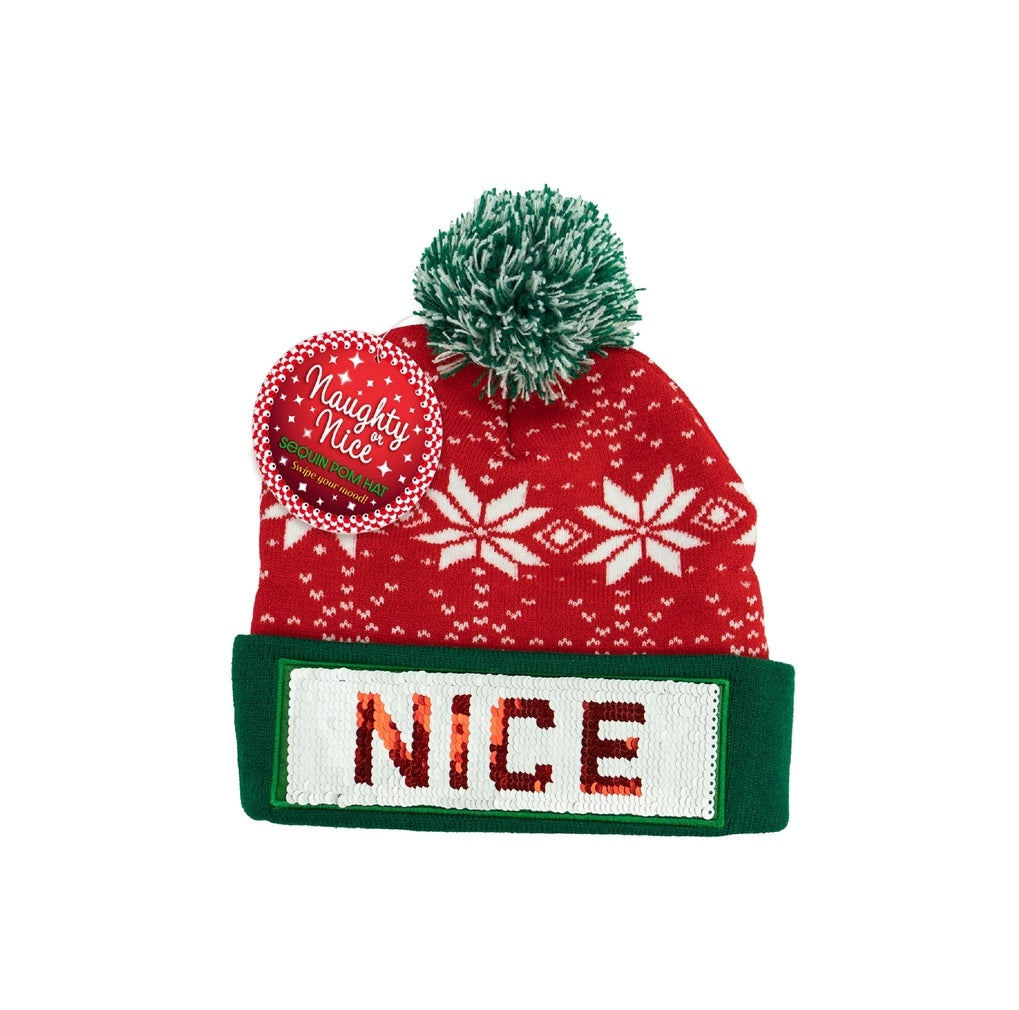 DM Merchandising XNNHT12 Christmas Winter Naughty or Nice Santa Sequin Pom Hat, Green/Red
