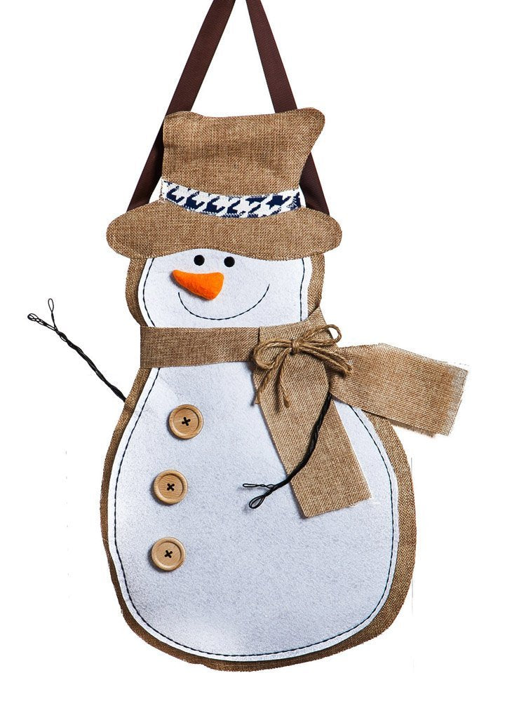 Evergreen 2DHB1009 Christmas Snowman Door Decoration, Burlap, White/Brown, 13-3/4"