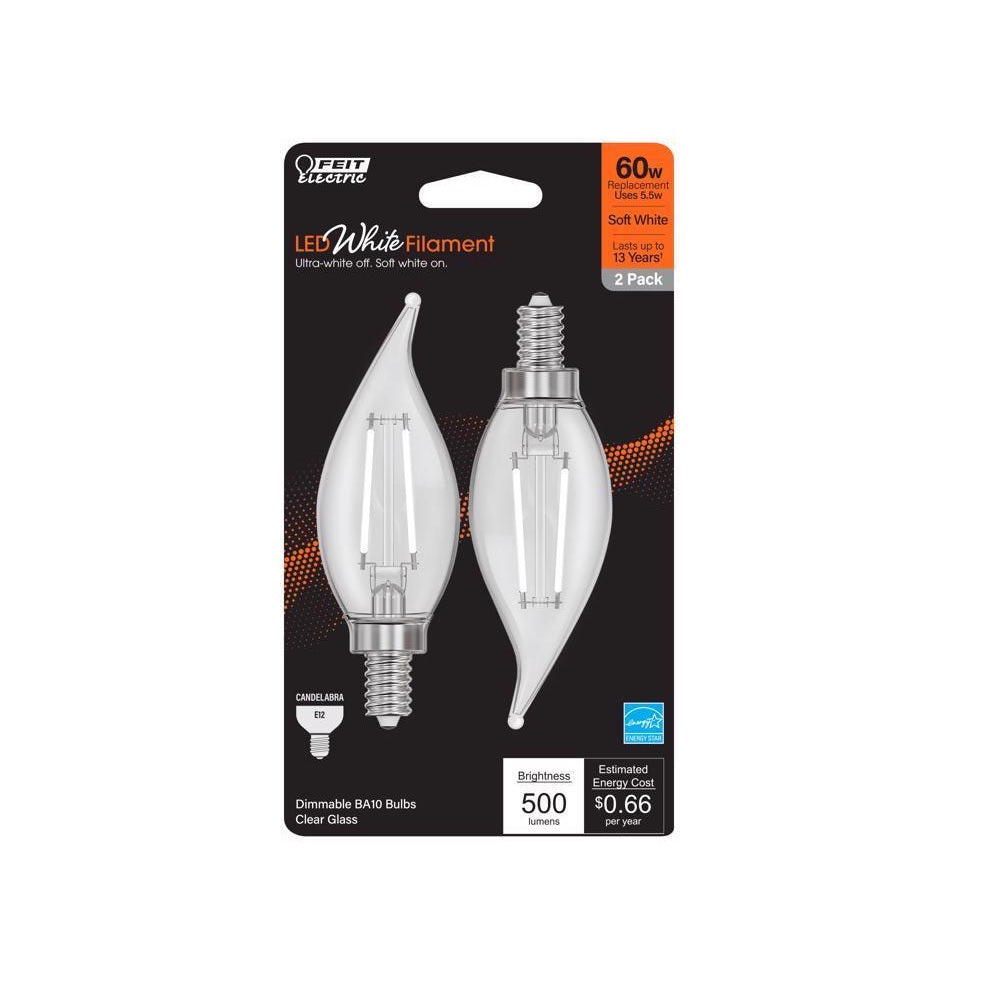 Feit Electric BPCFC60927WFIL2 White Filament Candelabra Filament LED Bulbs, 5.5 Watts, 120 Volt