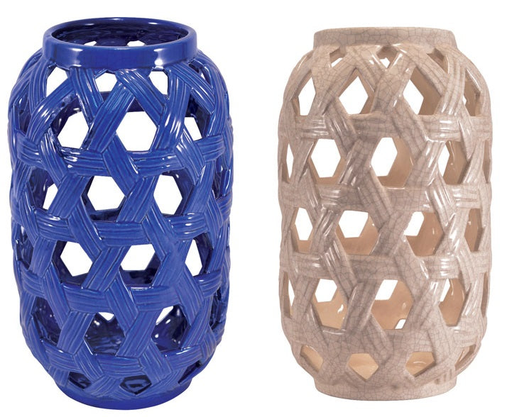 Feldstein & Associates LNBW11A Basket Weave Ceramic Lantern, Cobalt Blue/White