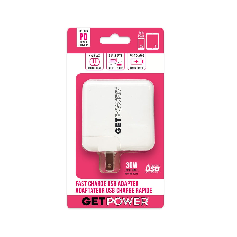 GetPower GP-AC2USB-PD Dual USB AC Adapter, White