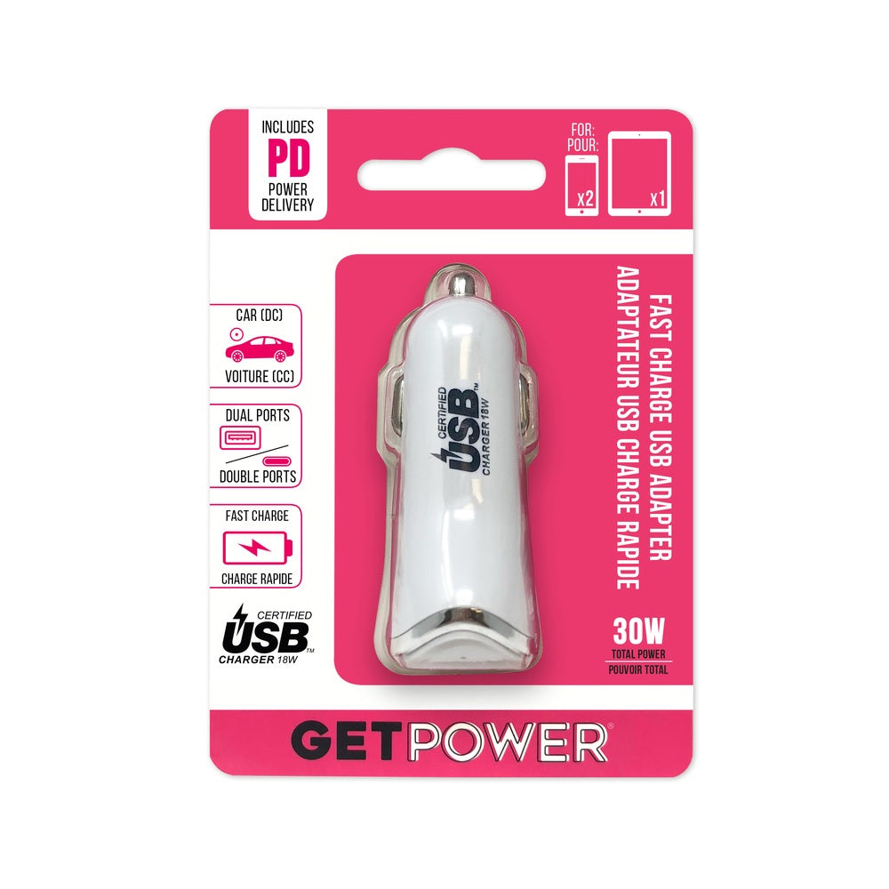 GetPower GP-DC2USB-PD Dual USB Car Adapter, White